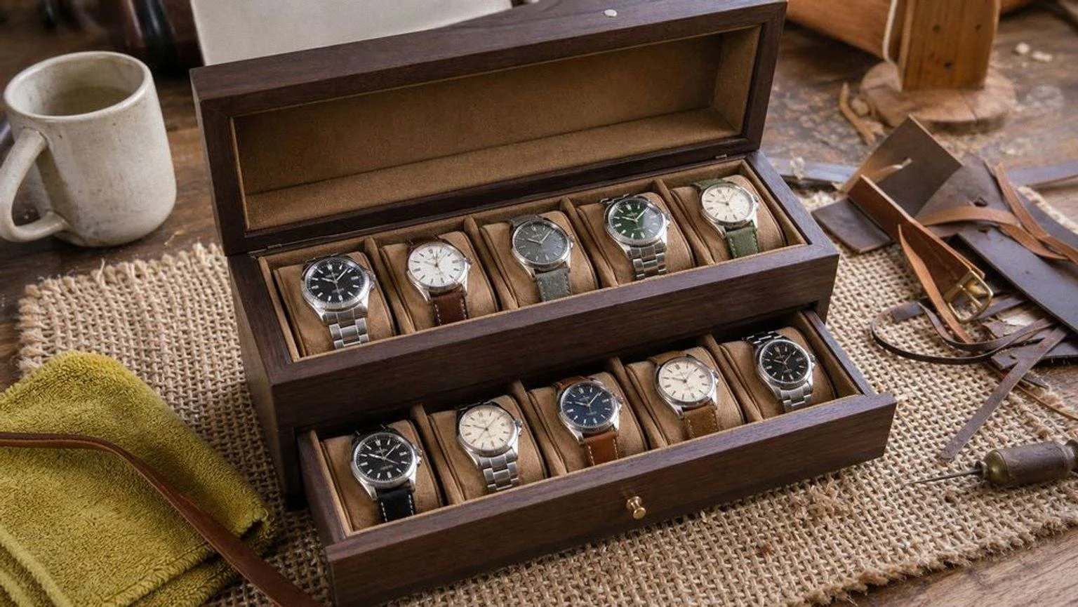 Mueble coleccionero de relojes en nogal con la tapa y el cajón abiertos, lleno de relojes automáticos sobre cojines