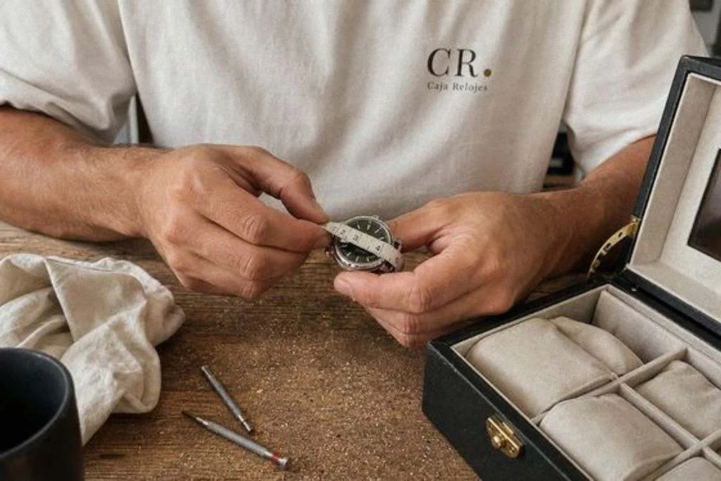 Unas manos miden con una cinta un reloj automático junto a una caja de relojes abierta con los cojines a la vista