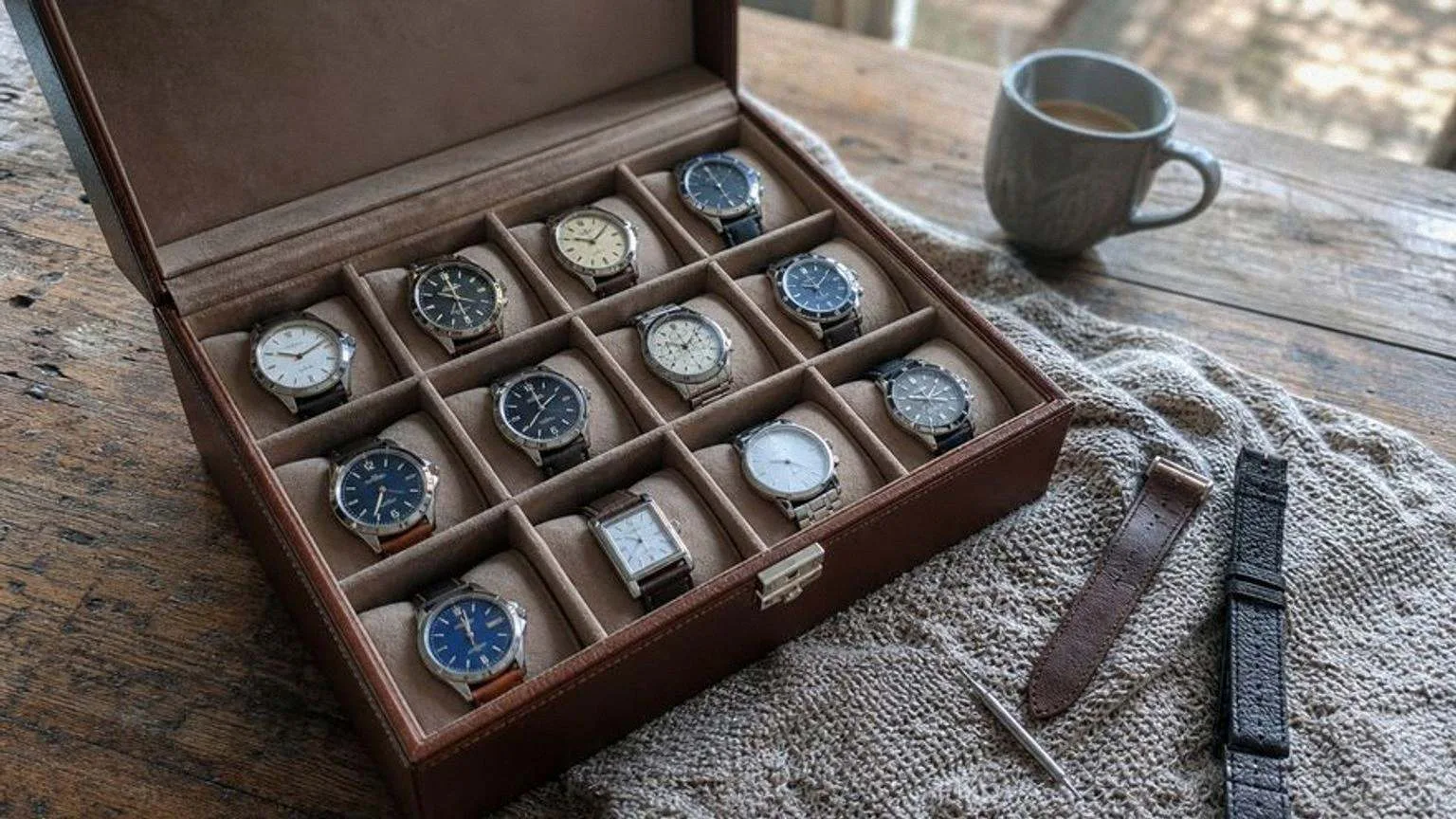 Caja de relojes abierta sobre una mesa de madera, con relojes sobre los cojines y correas de piel al lado