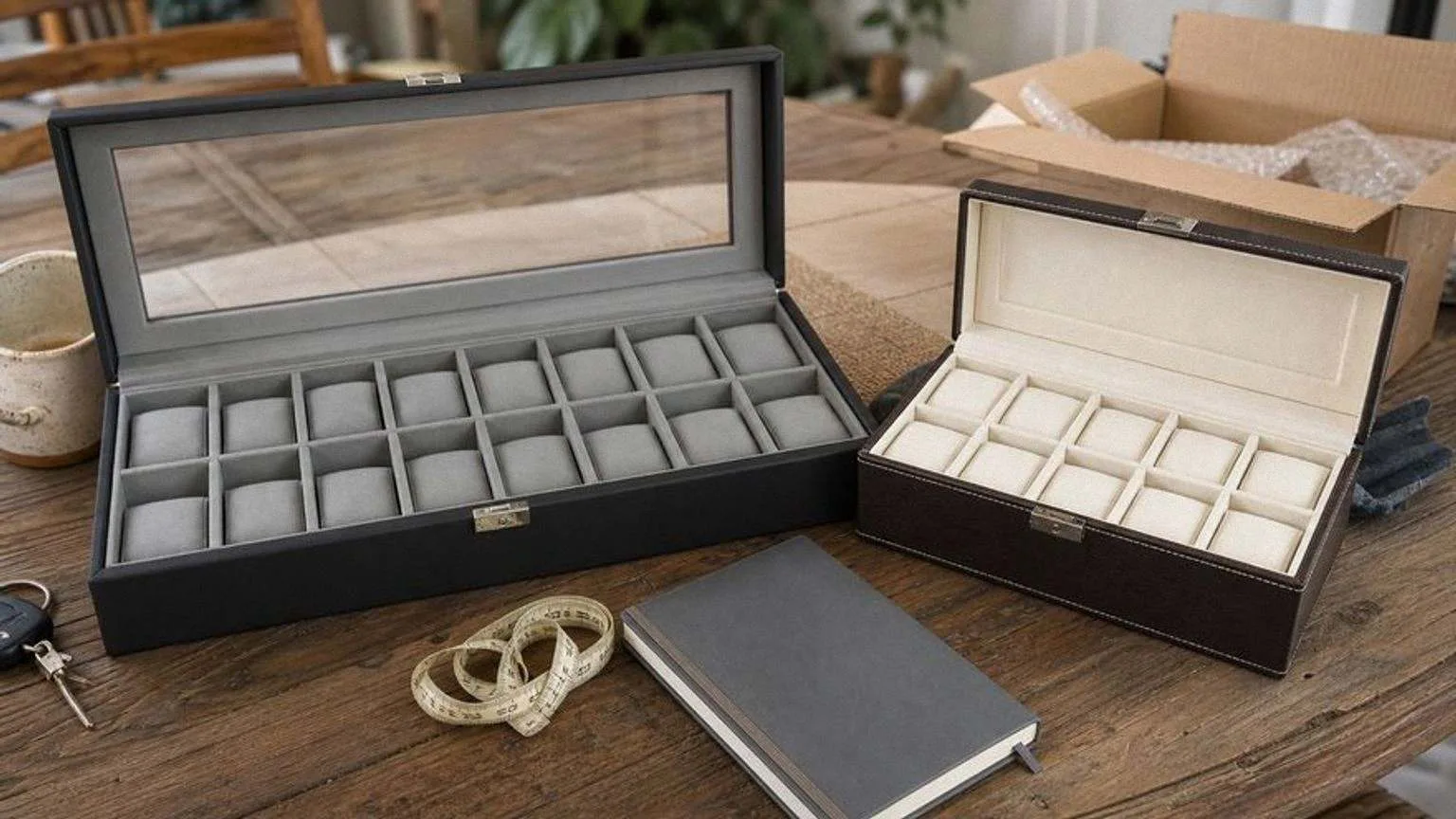 Dos cajas de relojes abiertas lado a lado sobre una mesa de madera, una negra grande con tapa de cristal y una marrón más pequeña